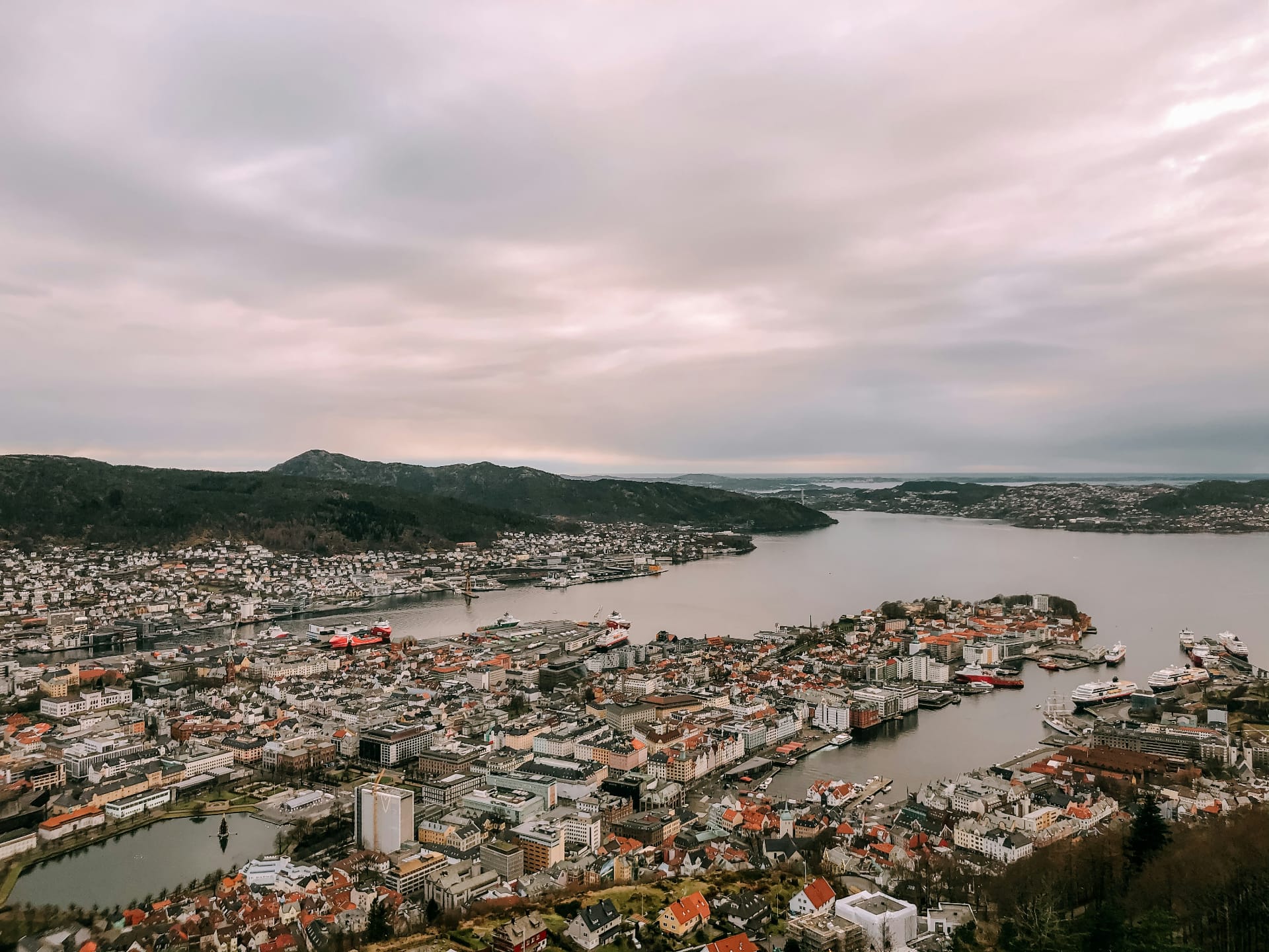 Panoramic view of Bergen, Norway, from Mount Fløyen overlooking the harbour, colourful houses, and surrounding mountains.