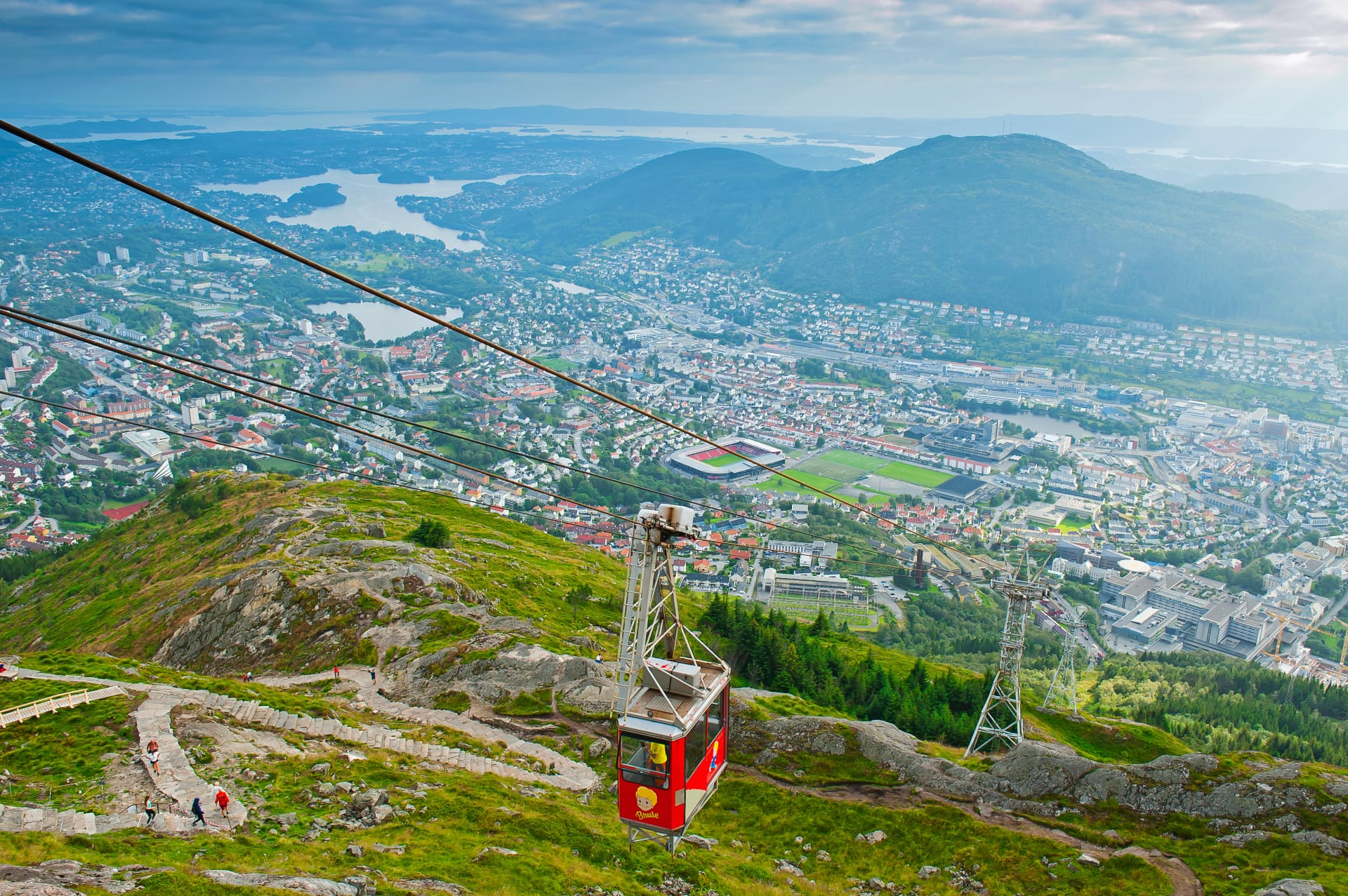 View from Mount Ulriken in Bergen, Norway, showing the red Ulriken cable car ascending above the city with panoramic views of mountains, fjords, and neighbourhoods below under a soft, cloudy sky.